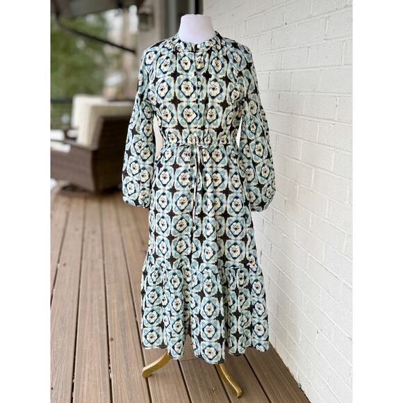 Olivia James Medium Block Print Balloon Sleeves Lined Indian Cotton Dress Midi